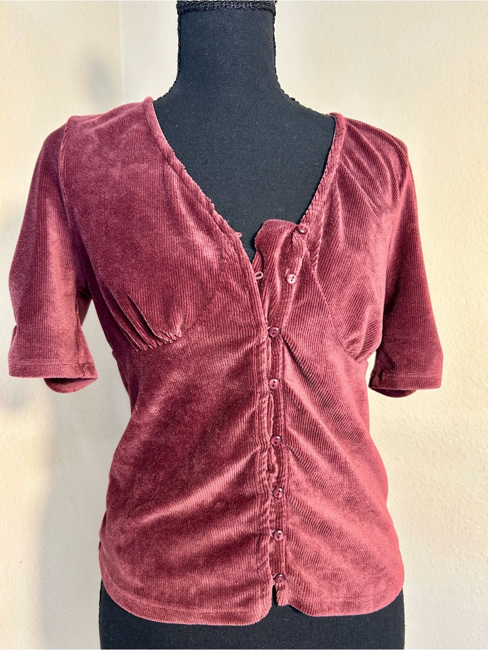 American Rag Burgundy, Rose Ribbed Velour Ruched Button Front Top - Size S